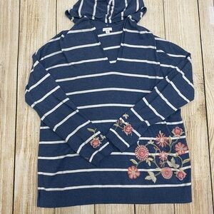 J. Jill Striped Long Sleeve V-neck Hooded Embroidered Sweater